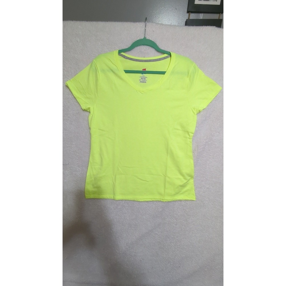 Hanes X-Temp T-Shirt Women Large Neon Yellow Very Good V-Neck Short Sleeve Solid